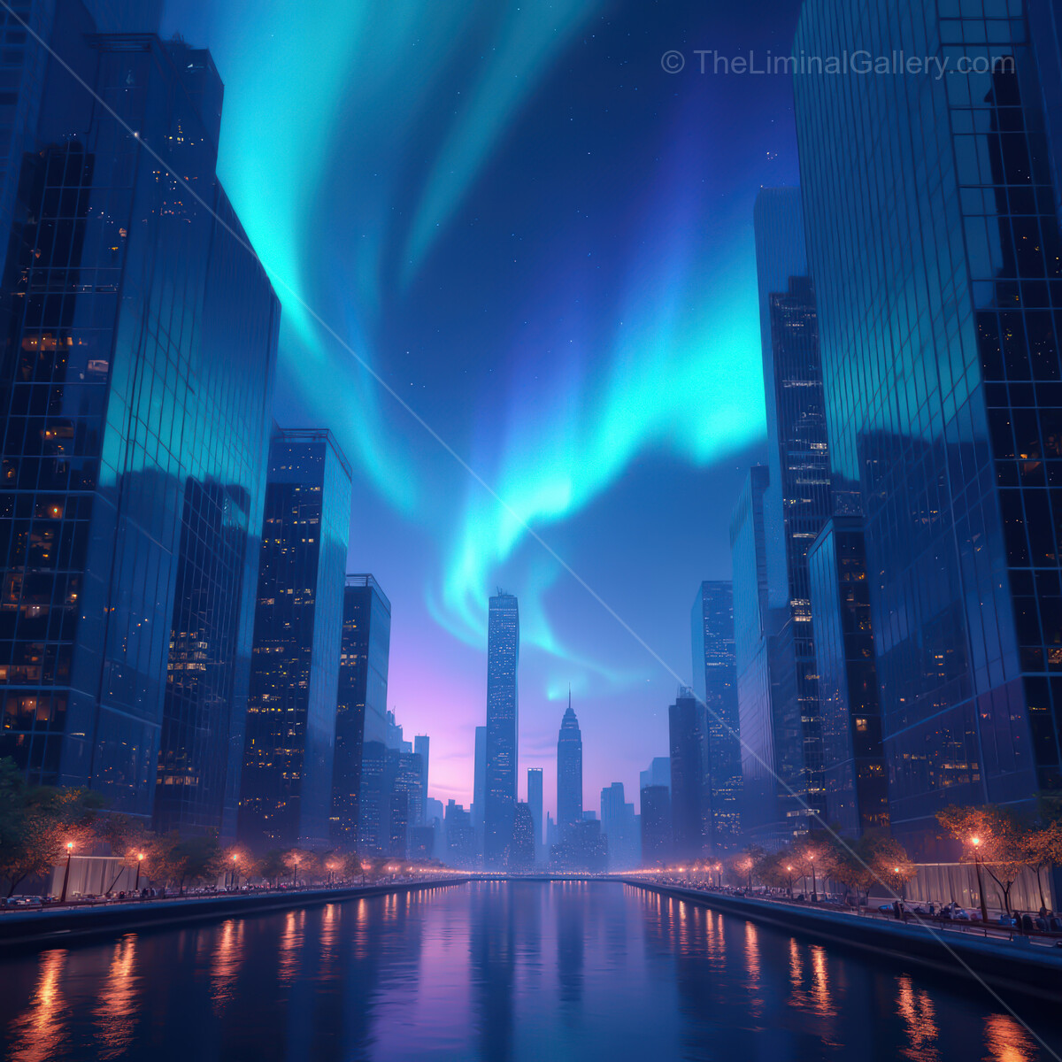 Vibrant synthwave cityscape illuminated by auroras at twilight with sleek skyscrapers lining the river