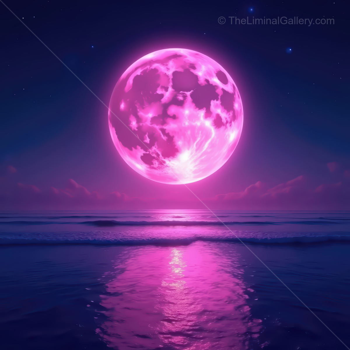 Vibrant pink moon rises over a tranquil synthwave ocean at twilight, casting magical reflections on the water's surface