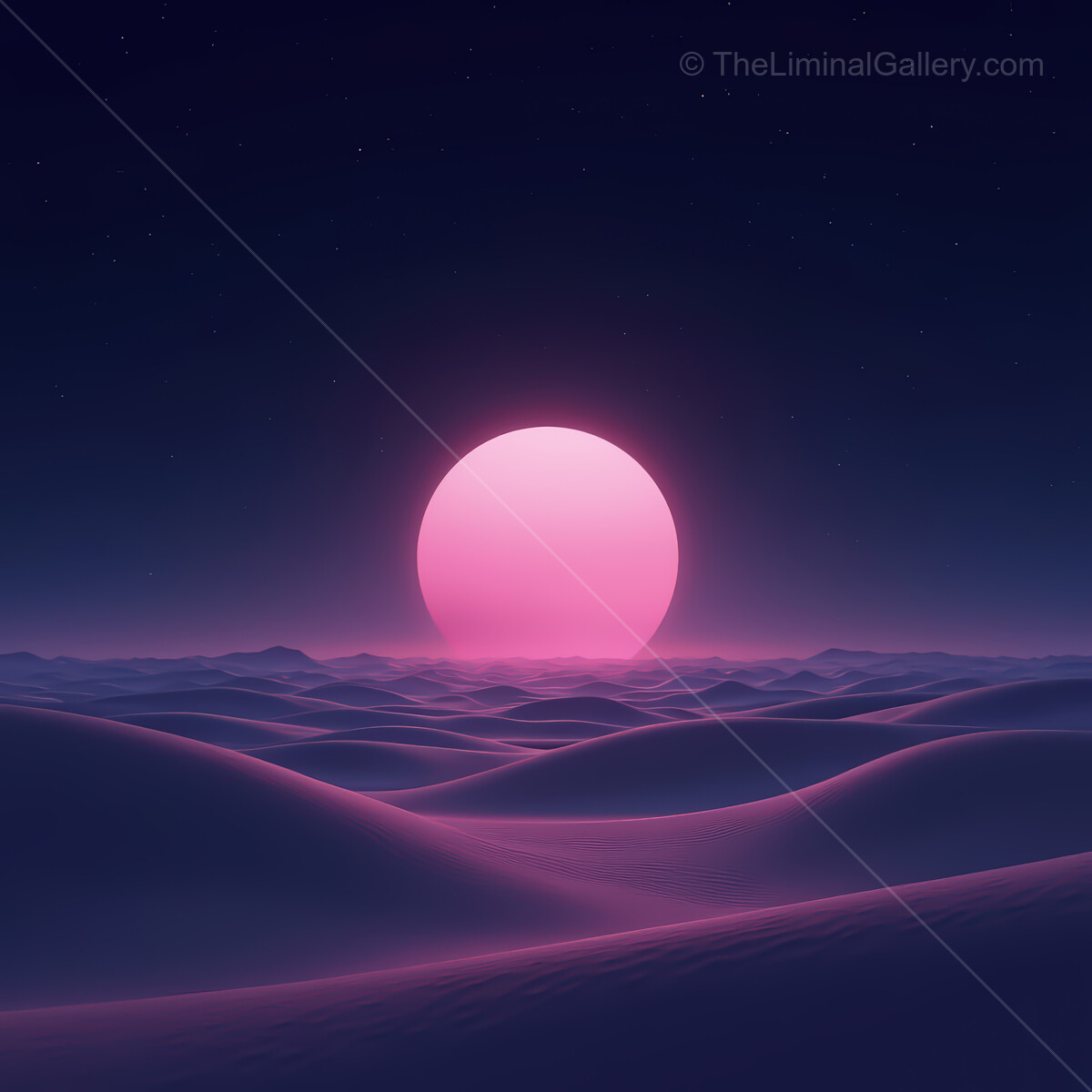 Vibrant synthwave desert landscape bathed in a mesmerizing pink sunset glowing over rolling dunes