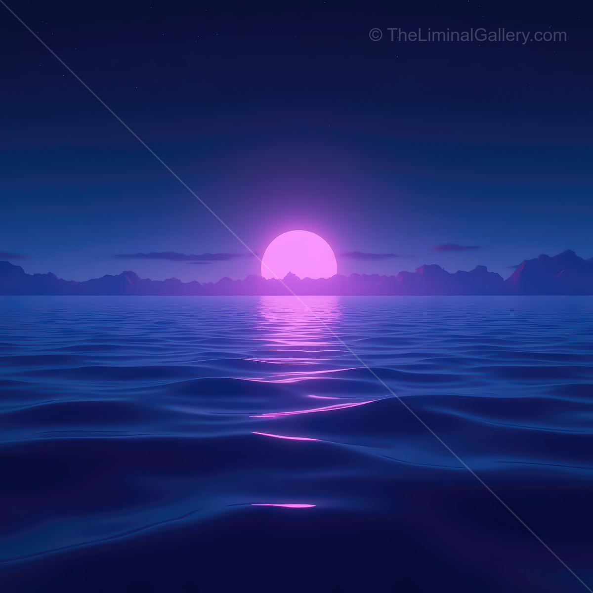 Majestic synthwave ocean at twilight, where vibrant colors blend with serene waves under a glowing sun