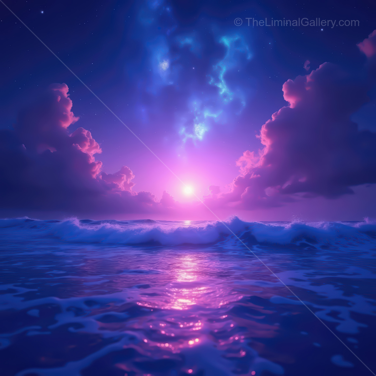 Breathtaking synthwave ocean scene with radiant colors and serene waves at twilight