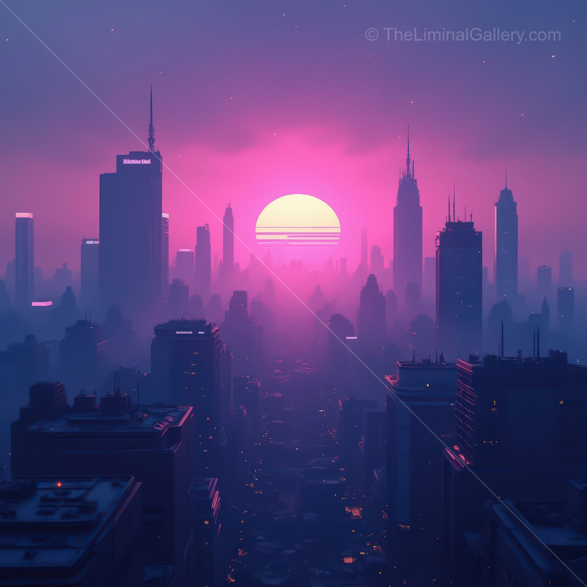 Vibrant synthwave city skyline at dusk, where neon dreams meet a radiant sunset