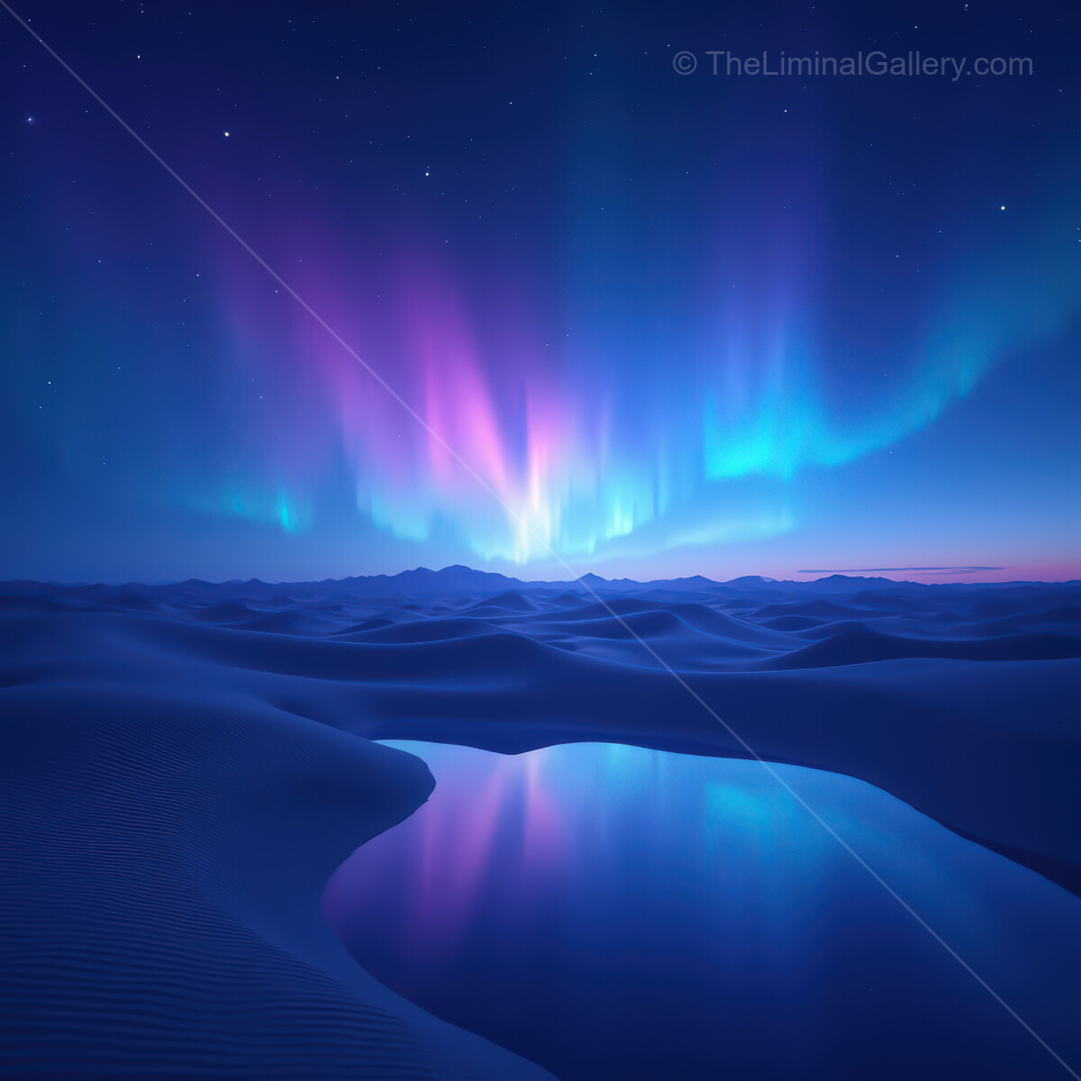 Vibrant synthwave desert under a starry sky with shimmering waters reflecting colorful auroras