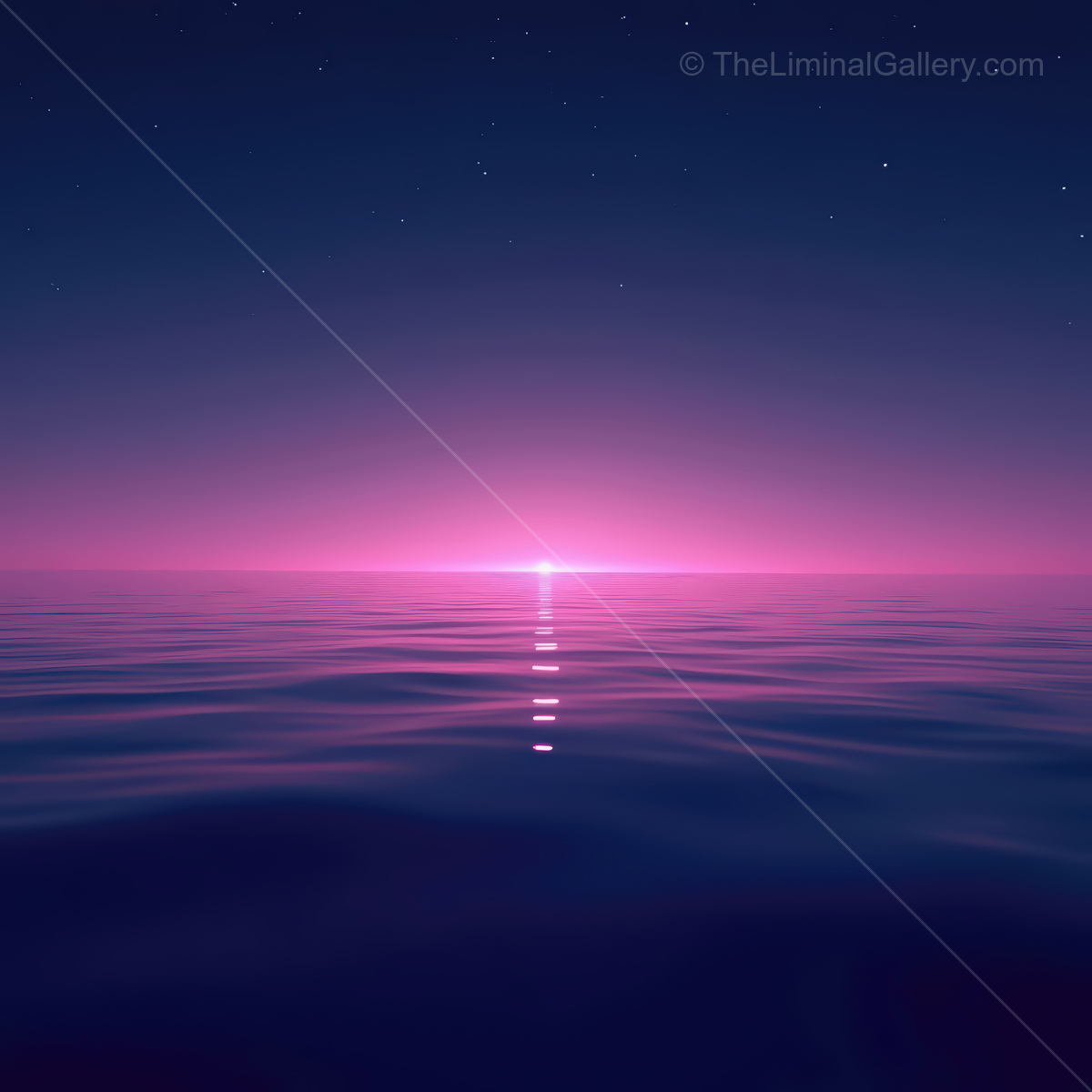Vibrant synthwave ocean at twilight reflecting neon hues across calm waters