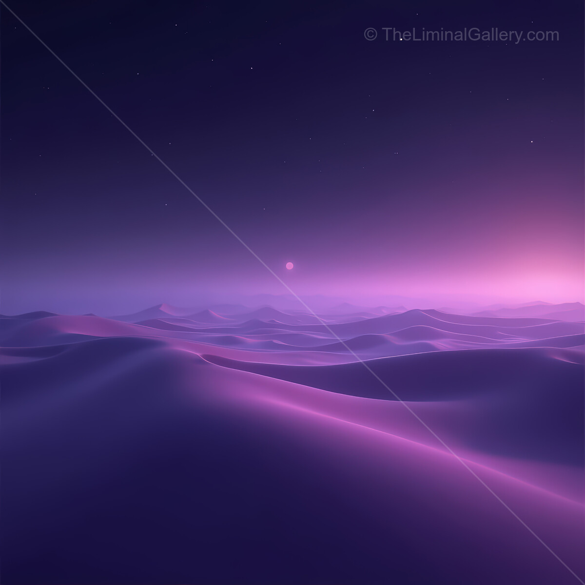 Vibrant synthwave desert landscape bathed in soft violet hues at twilight