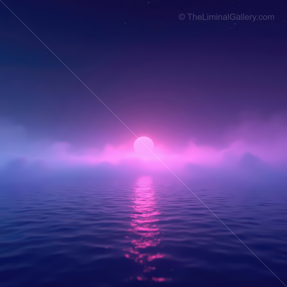 Vibrant sunset reflections on a peaceful synthwave ocean in dreamy purple and pink hues