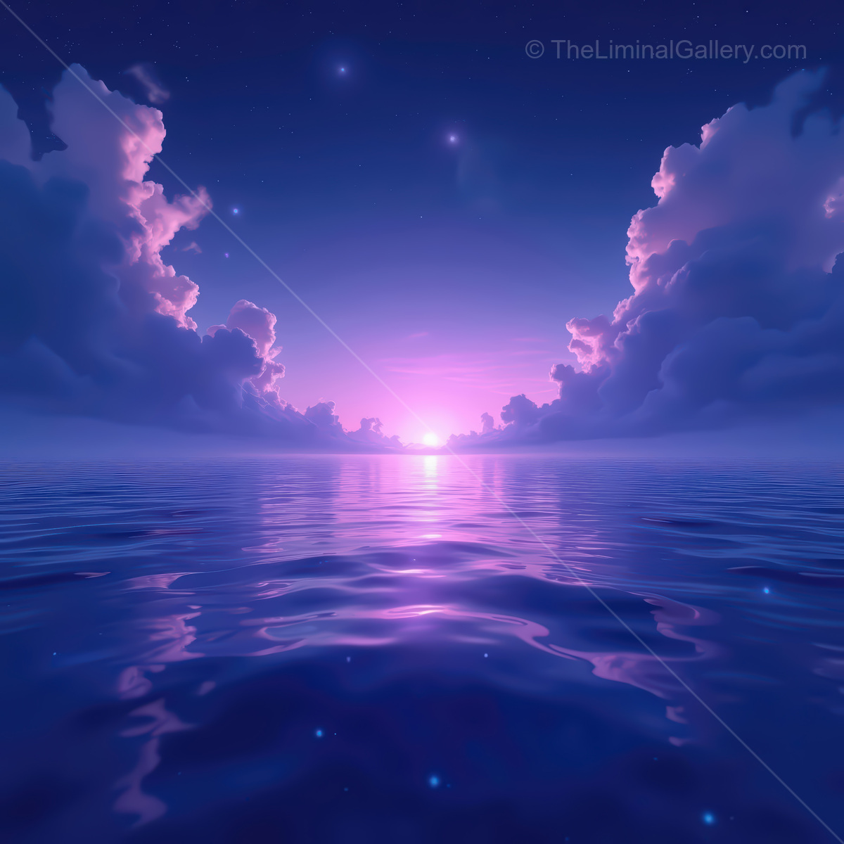 Vibrant synthwave ocean at twilight, where waves shimmer under a dreamy purple sky