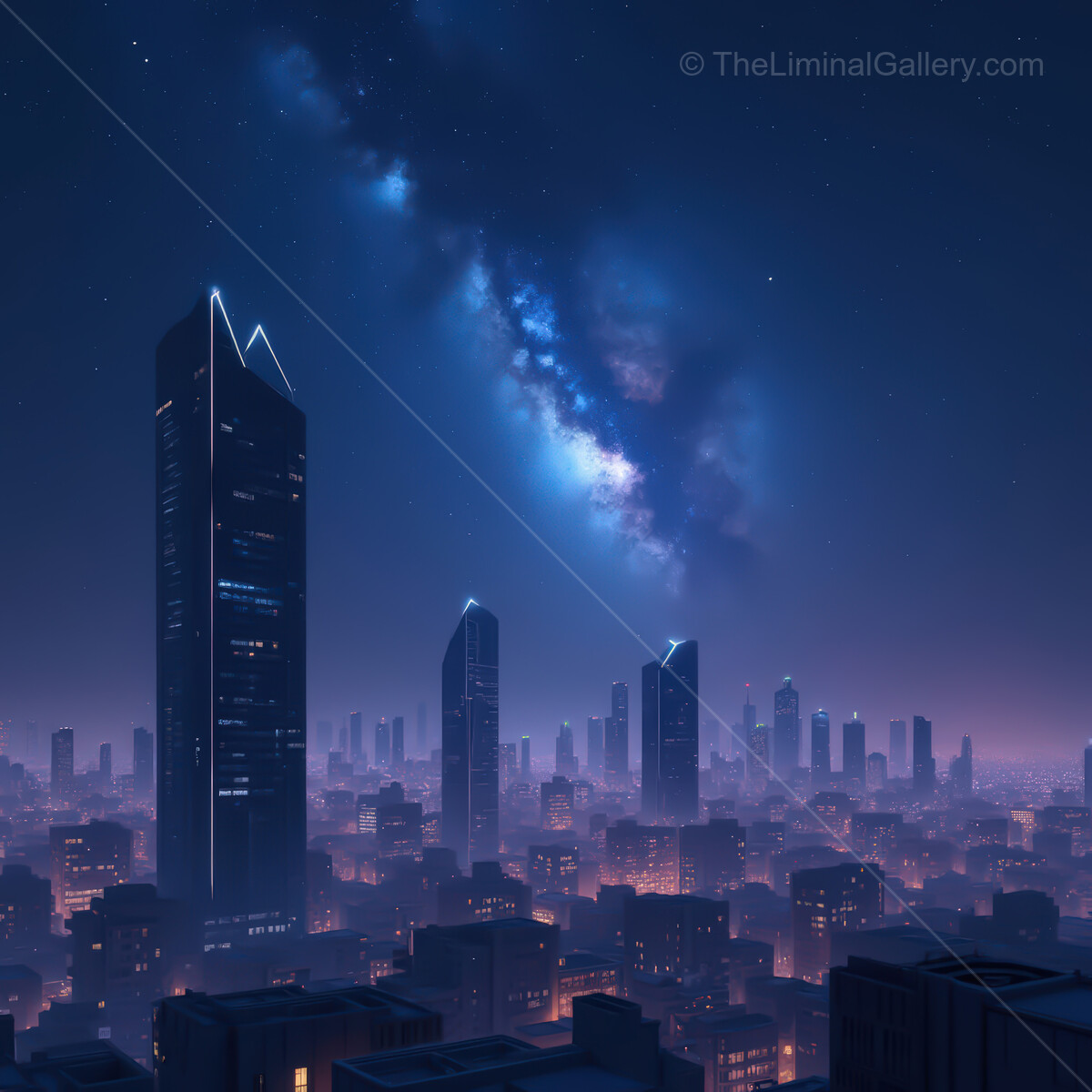 Vibrant synthwave city under a starry night sky, glowing lights illuminating a futuristic skyline