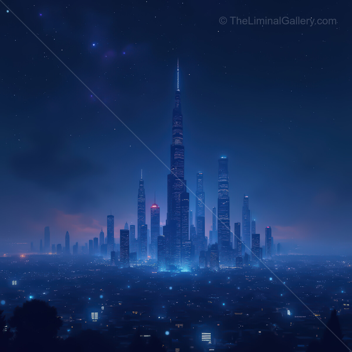 Futuristic synthwave city skyline illuminated under a starry night sky
