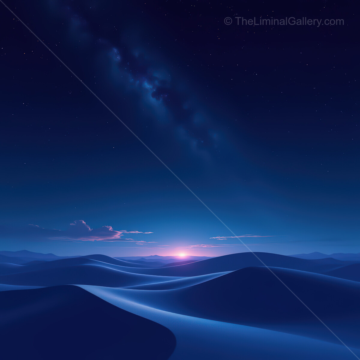 Endless synthwave desert under a starry sky awakening to dawn's soft light