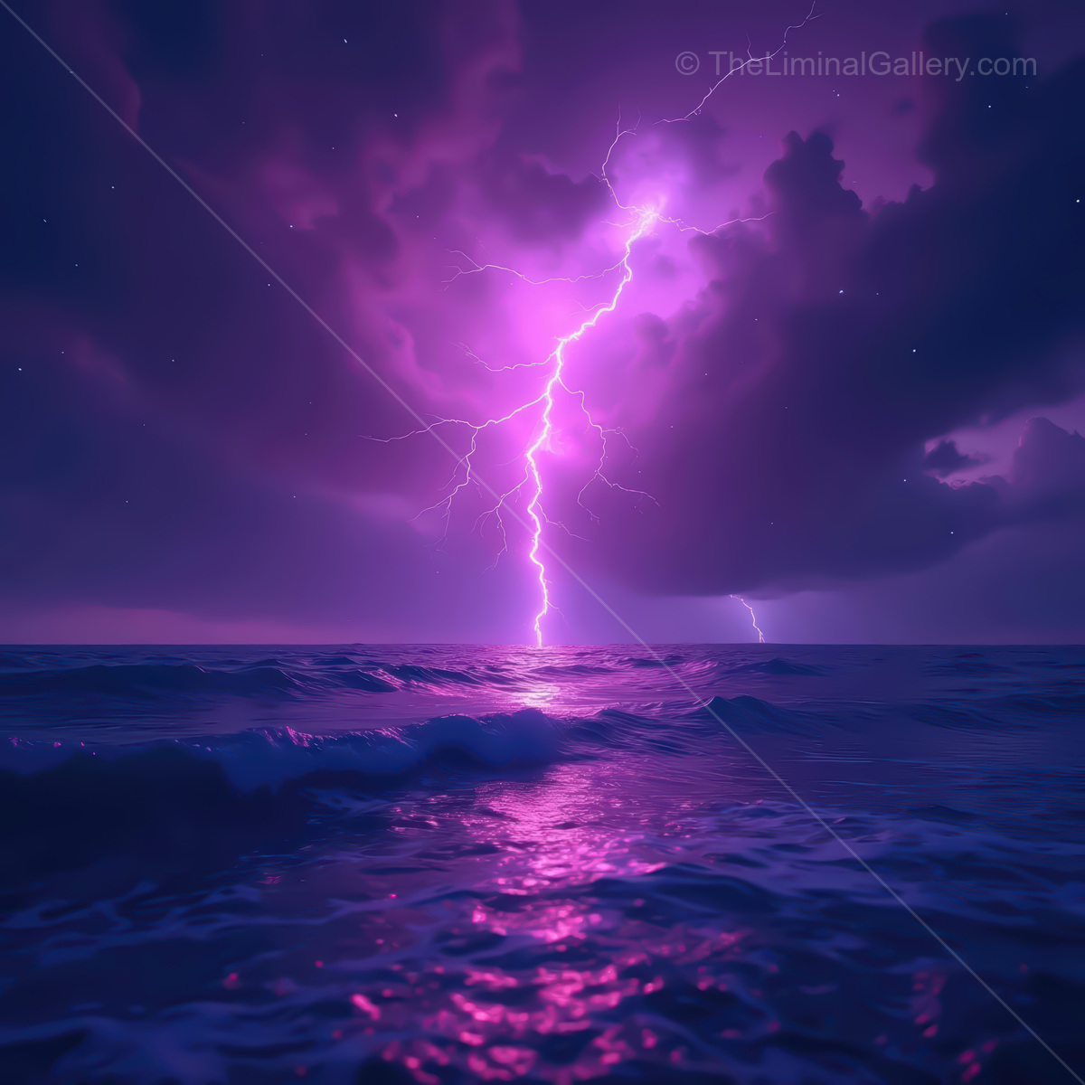 Majestic lightning illuminates a synthwave ocean under a vibrant purple sky at twilight