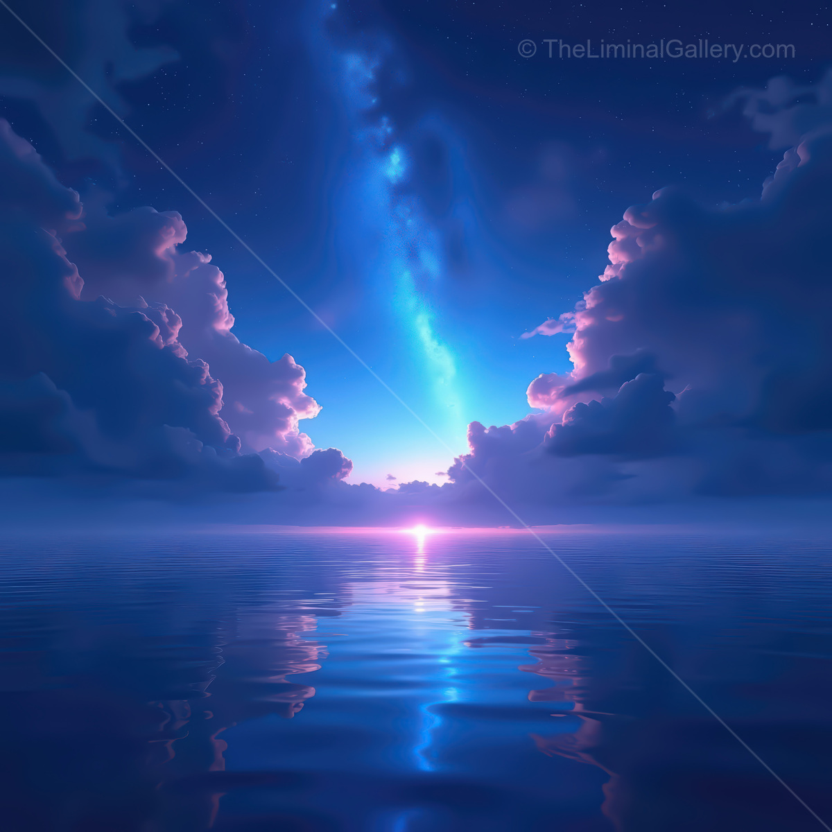 Vibrant synthwave ocean at dusk with shimmering reflections and neon-inspired colors illuminating the serene waterway