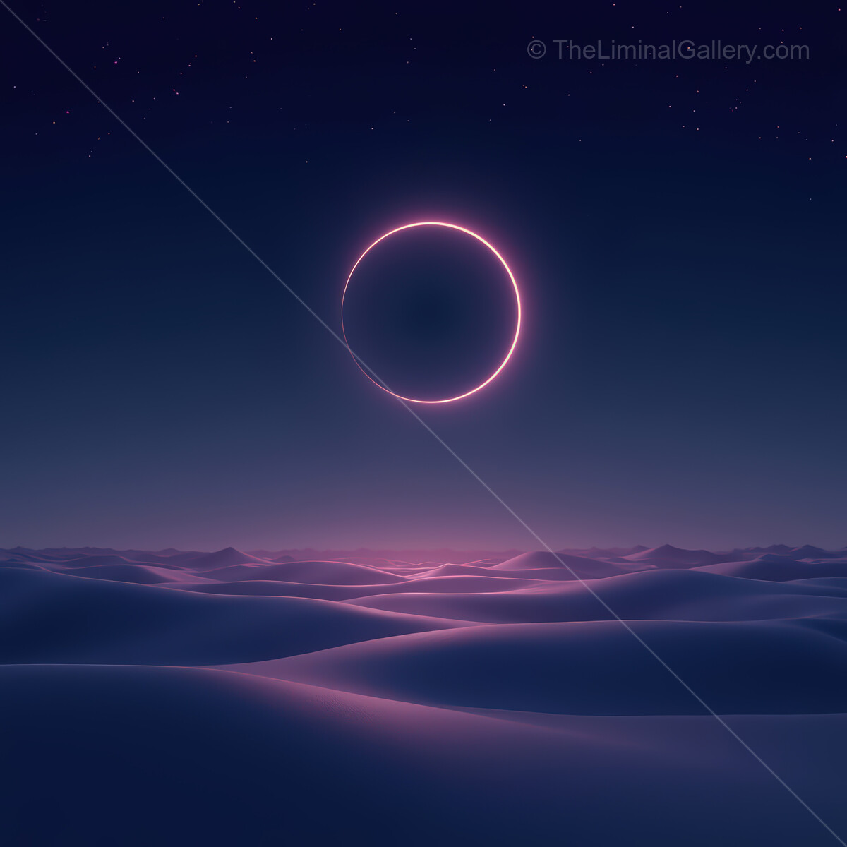 Vibrant synthwave desert under a stunning crescent moon illuminating the serene landscape at twilight