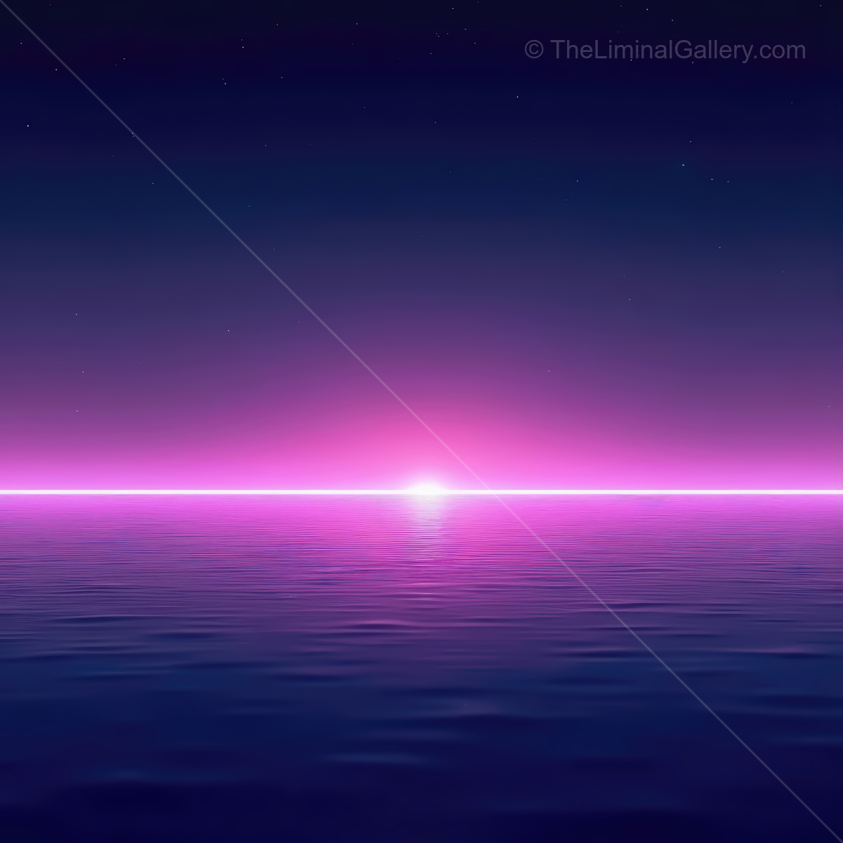 Vibrant pink horizon glimmers over the tranquil synthwave ocean at dusk