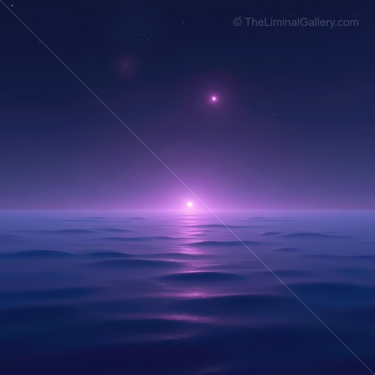 Vibrant synthwave ocean at sunset with ethereal stars lighting the purple horizon and serene waves reflecting the glowing celestial colors