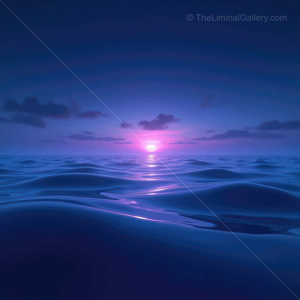 Experience the serene beauty of synthwave ocean waves under a glowing violet sunset sky