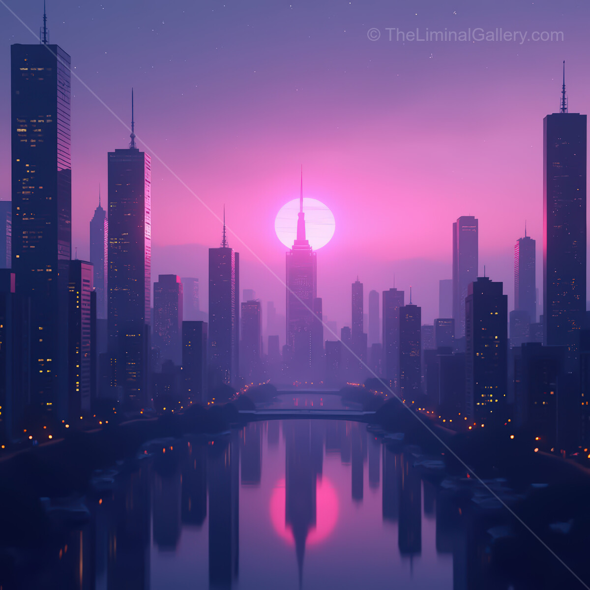 Stunning synthwave cityscape with vibrant sunset and reflective river at twilight