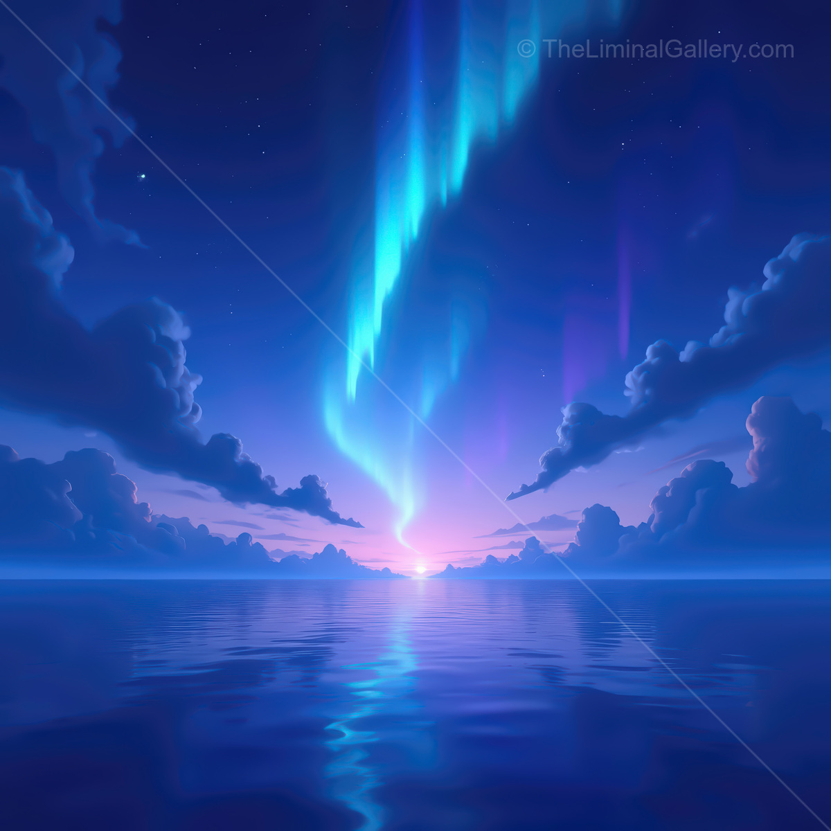 Vibrant synthwave ocean scene with glowing colors reflecting in tranquil water at sunset