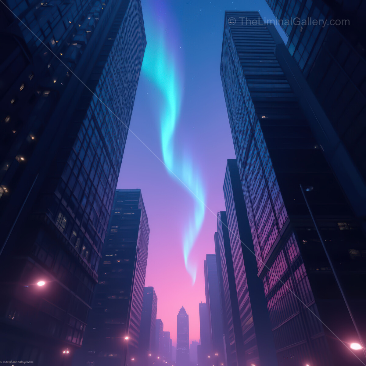 Vibrant synthwave cityscape with swirling auroras illuminating the urban skyline at twilight