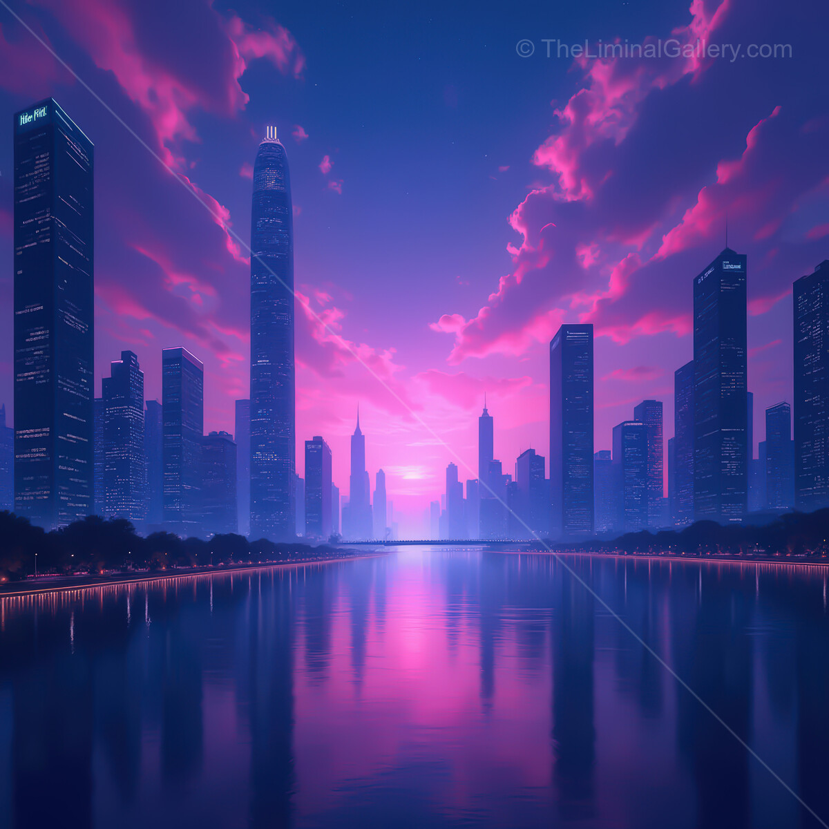 Vibrant synthwave city skyline at twilight with glowing reflections in the water