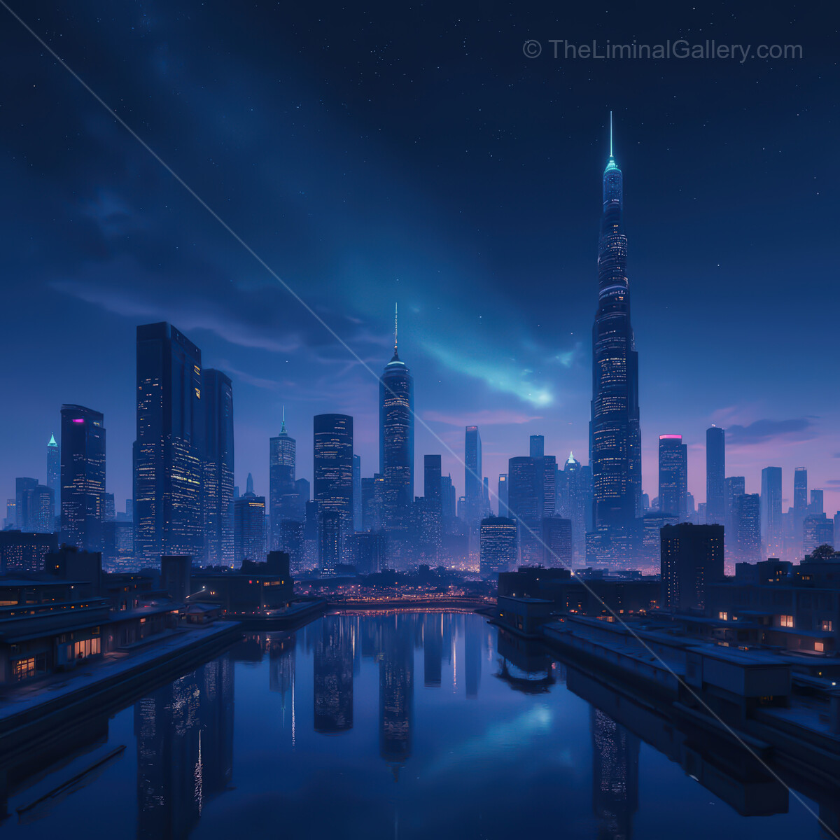 Vibrant synthwave cityscape by the river under a starlit sky, capturing urban beauty at twilight
