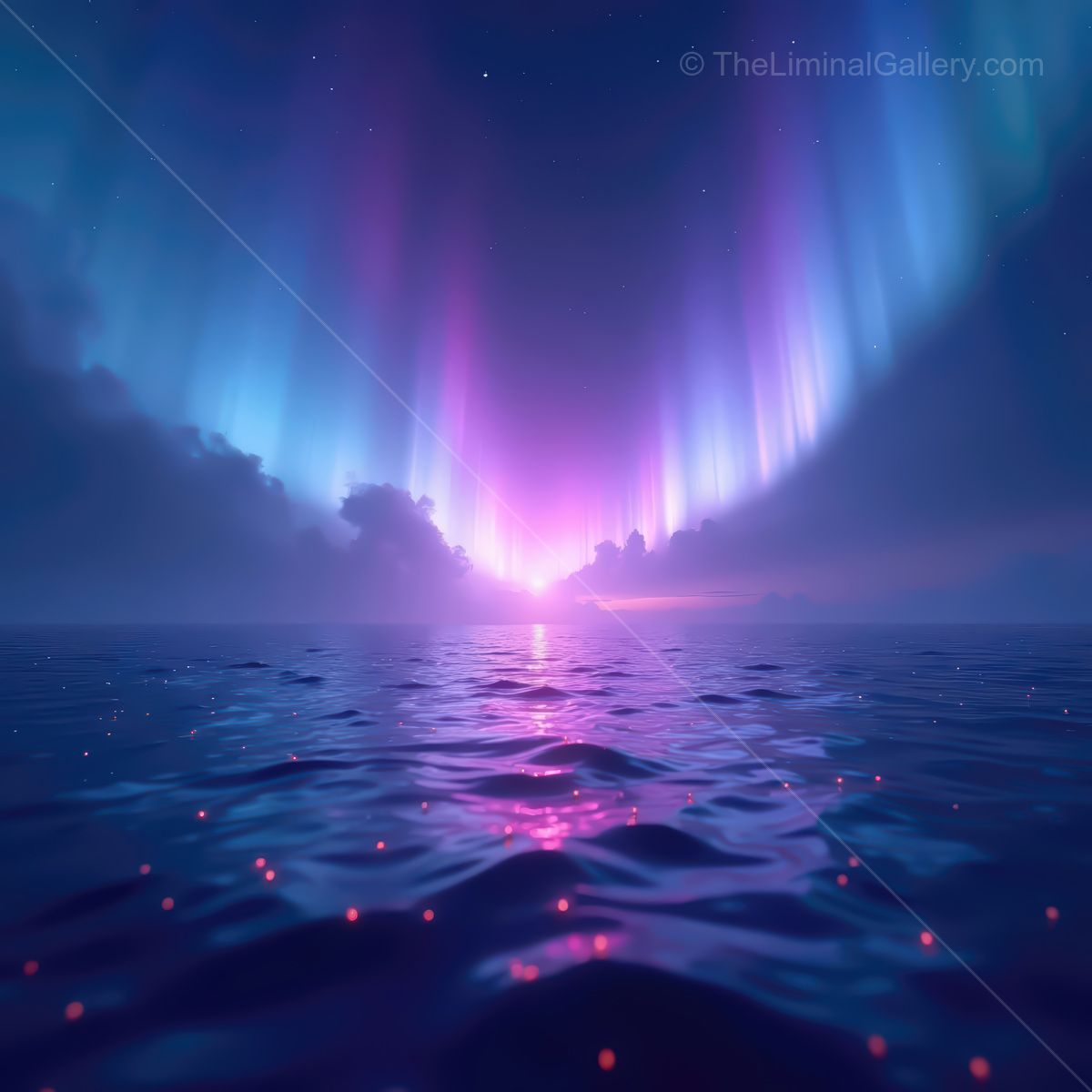 Mystical ocean waves dance under the vibrant synthwave aurora filling the night sky with colors