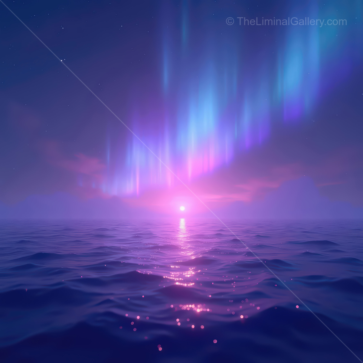 Vibrant synthwave ocean under a dazzling night sky filled with auroras and glowing reflections