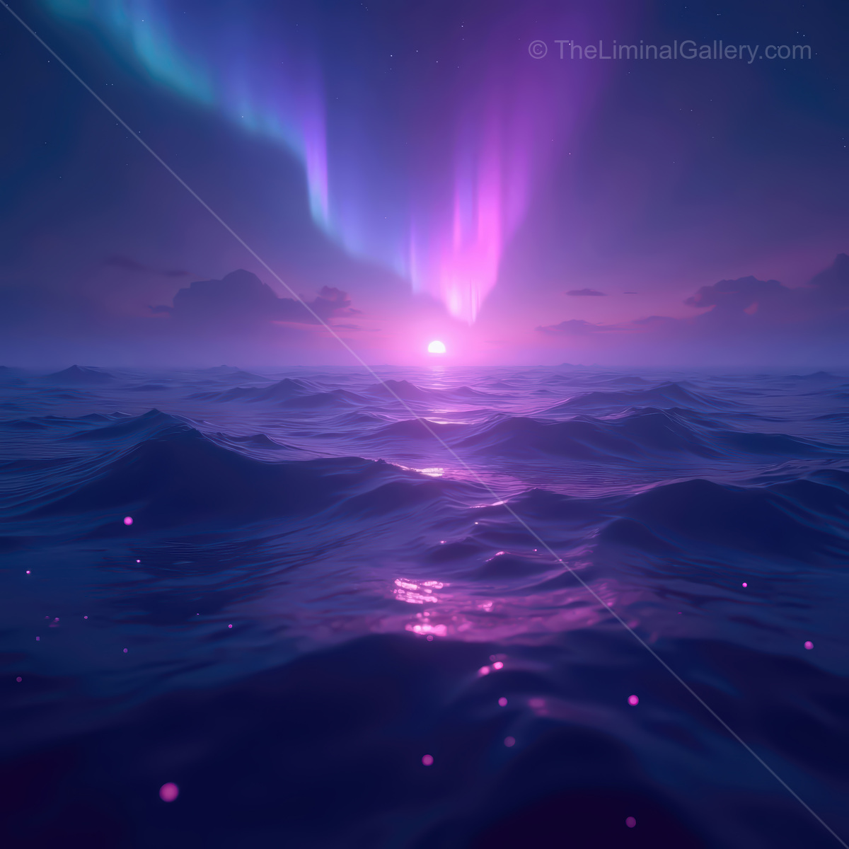 Vibrant synthwave ocean at dusk, with neon auroras reflecting on serene waters