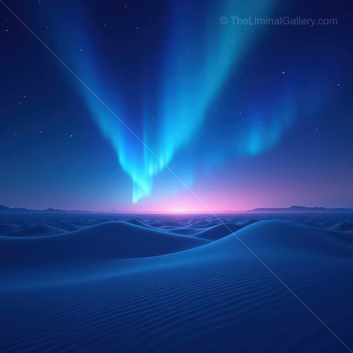 Futuristic desert under a vibrant aurora showcasing a blend of colors and sands at dusk