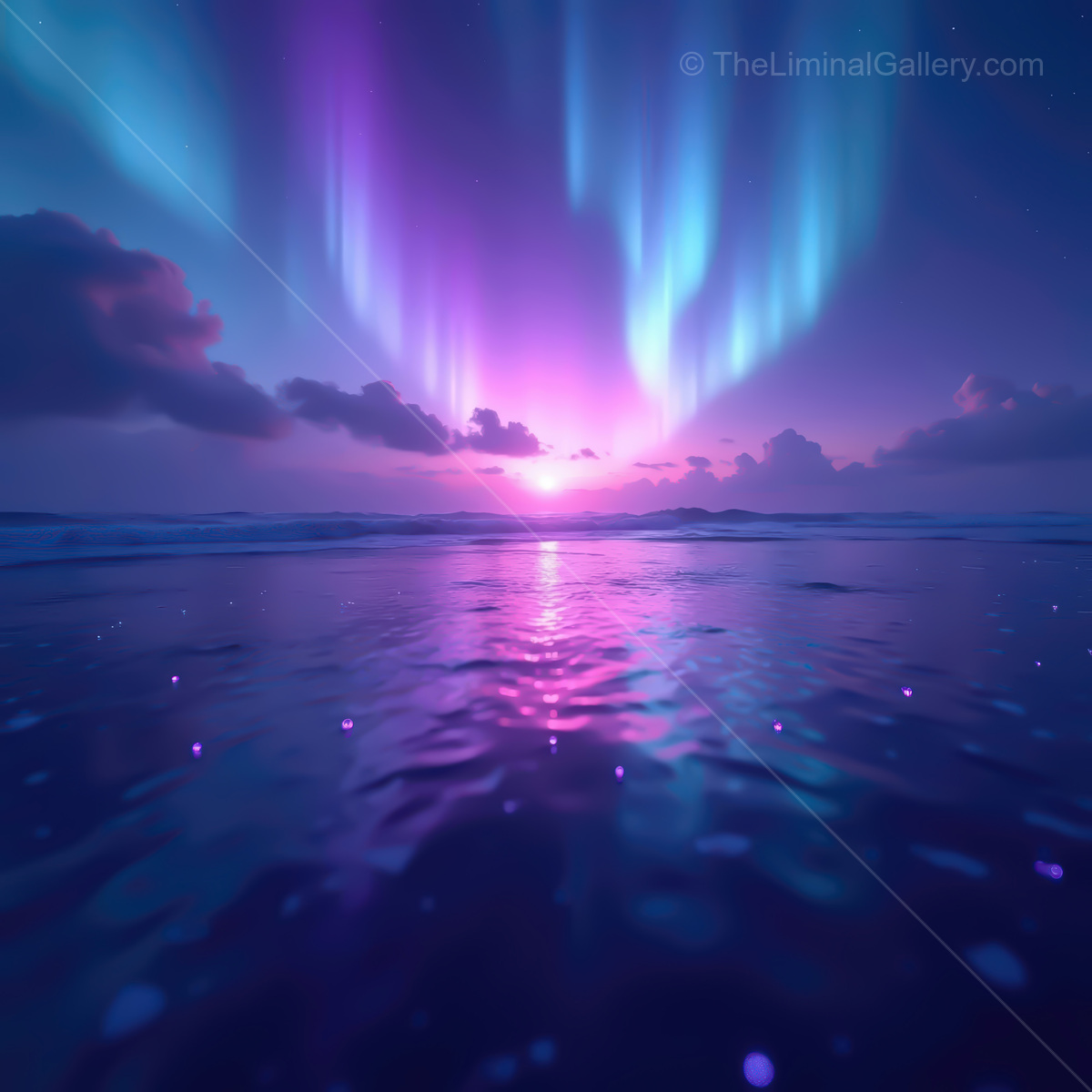 Vibrant synthwave ocean scene at twilight with glowing reflections and enchanting auroras dancing across the sky