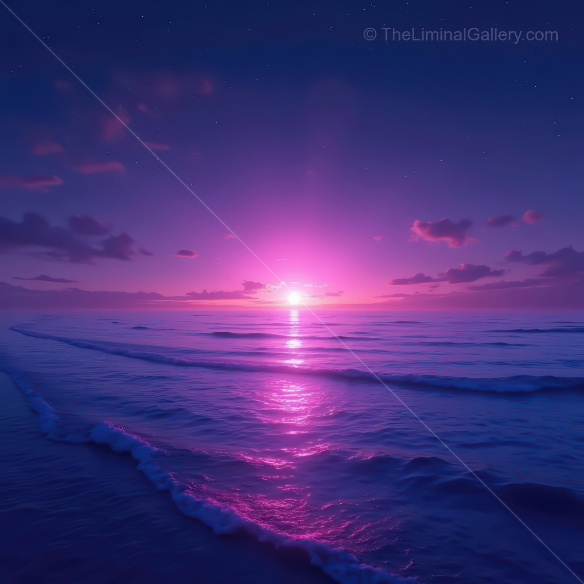 Vibrant sunset over a synthwave ocean with glowing waves and a dreamy sky filled with purple hues