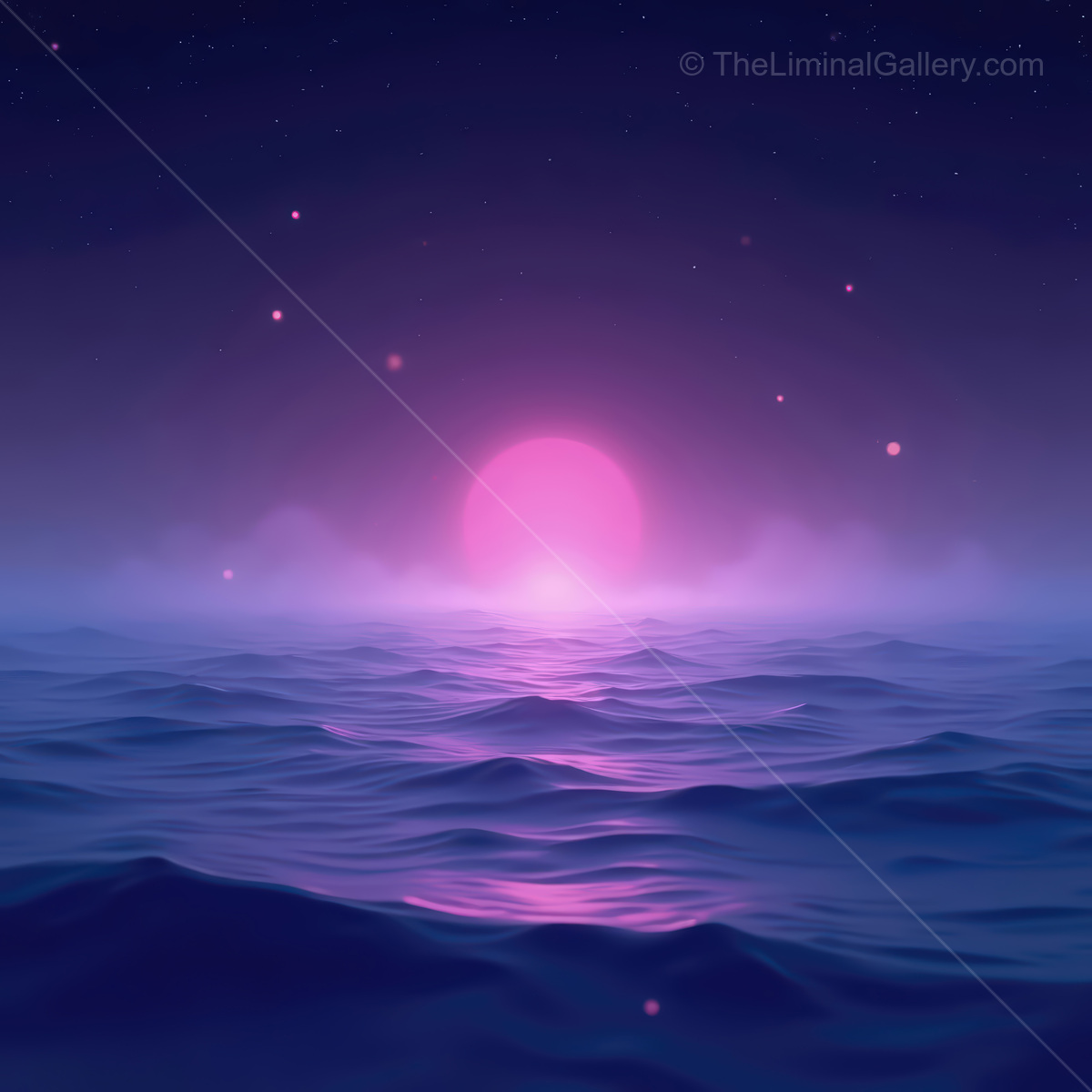 Vibrant synthwave ocean at twilight with ethereal reflections and a glowing pink sun