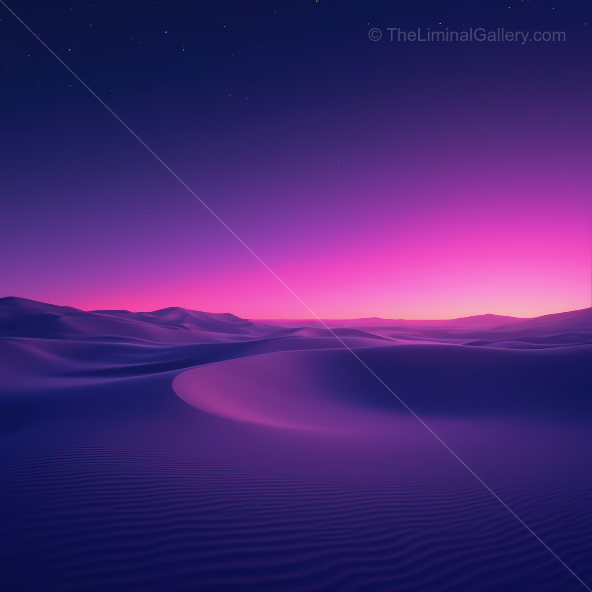 Vibrant synthwave desert landscape under a starry twilight sky with bold hues and soft dunes