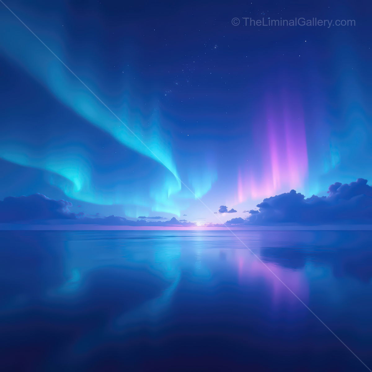 Dazzling synthwave ocean vista with vibrant colors reflecting in calm waters under a starry night sky