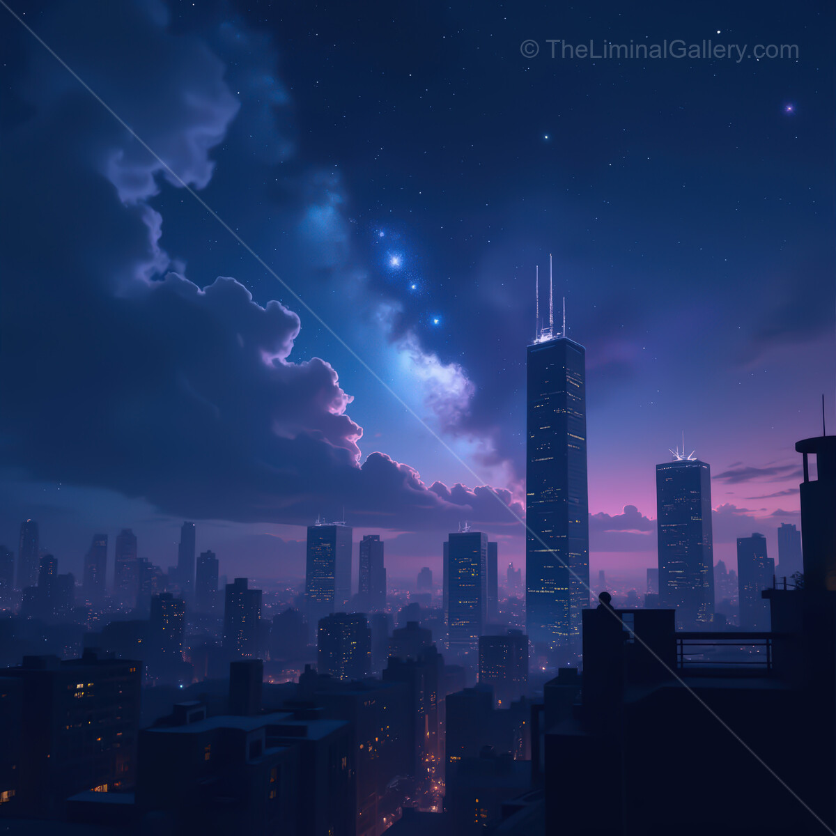 Dreamy synthwave city skyline at dusk lights up the night with vibrant colors and towering skyscrapers