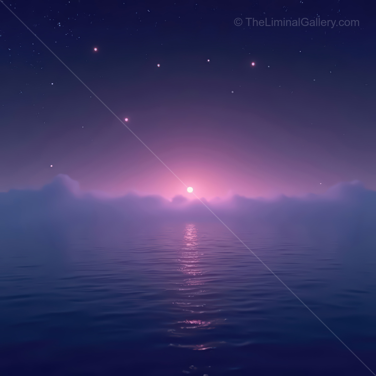 Vibrant synthwave ocean at sunset with glowing horizons and a starry night sky