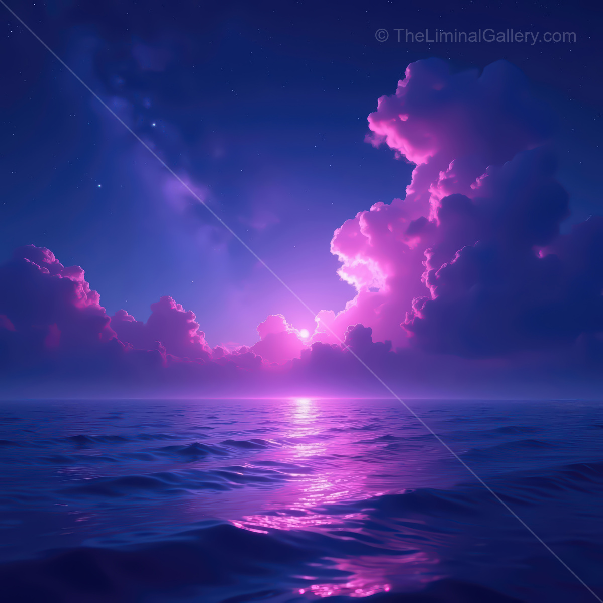 Vibrant synthwave ocean at twilight, where glowing clouds reflect on serene waves under a starry sky