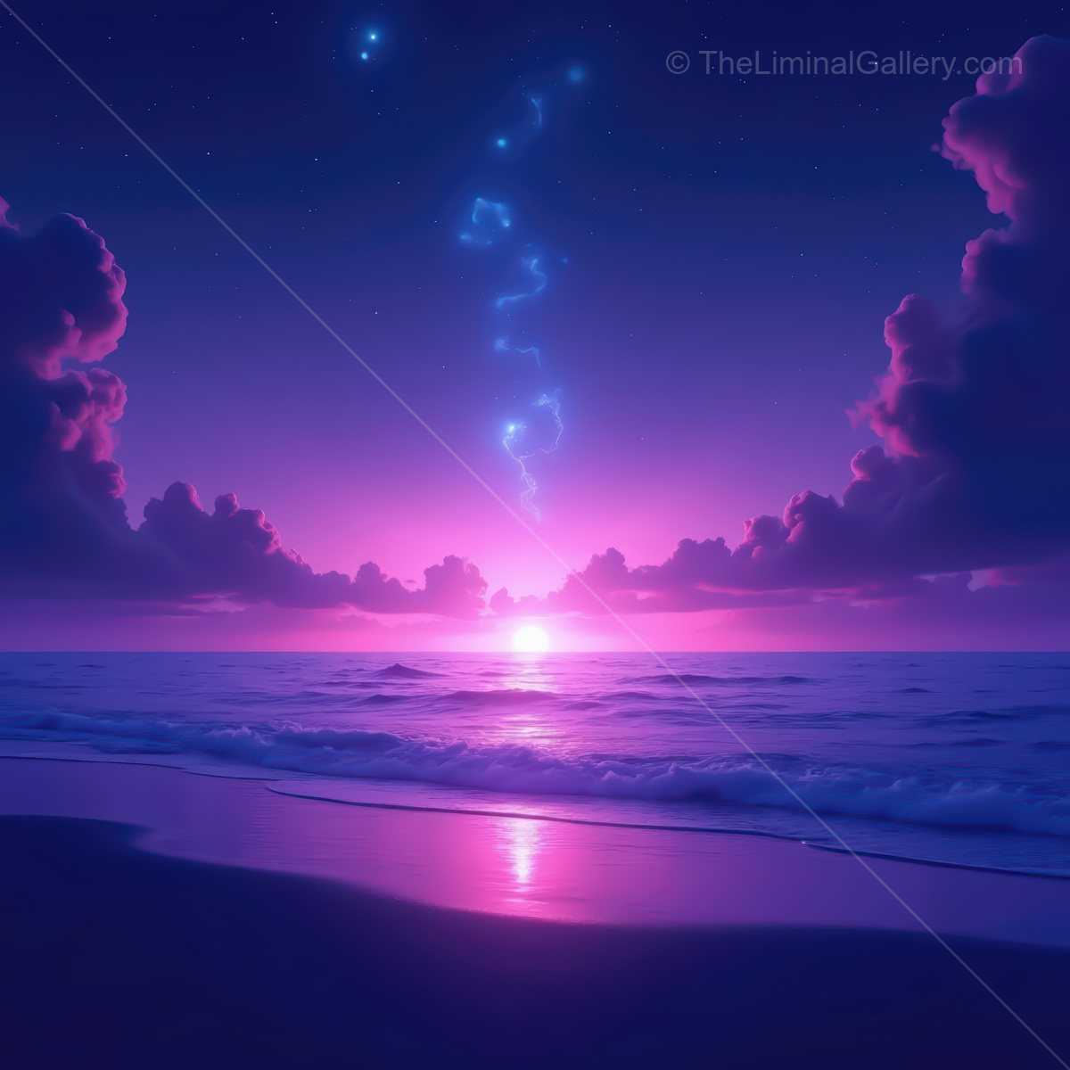 Vibrant synthwave ocean sunrise glows with neon hues over tranquil waves and starry sky