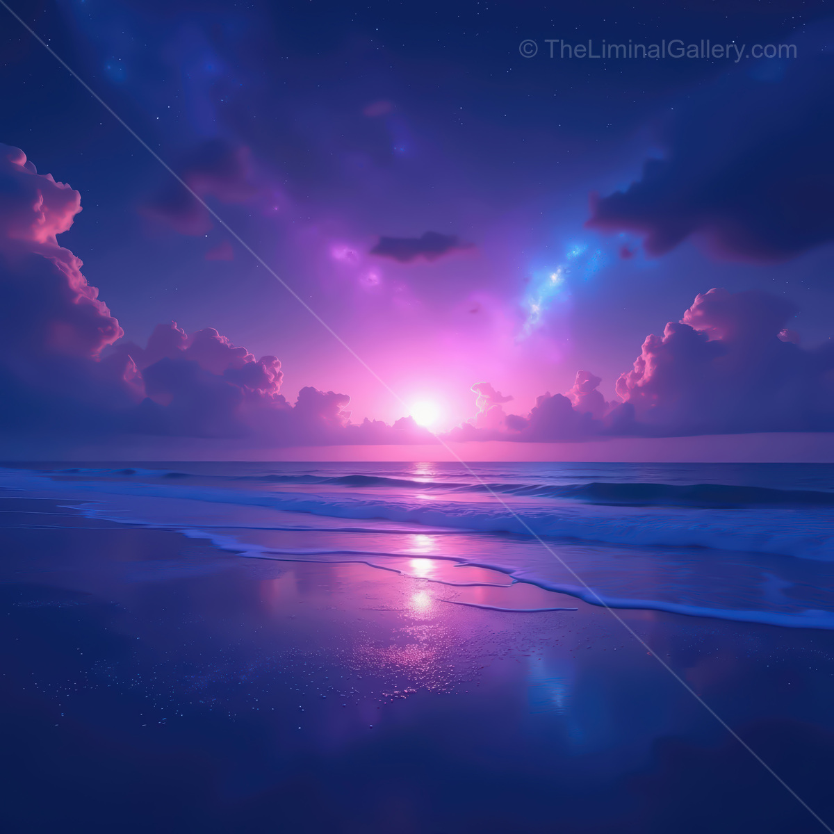Vibrant synthwave sunset over a tranquil ocean, where colors blend in dreamy harmony