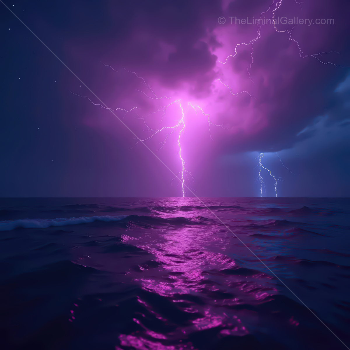 Dramatic synthwave ocean scene with vibrant lightning over tranquil waves at twilight