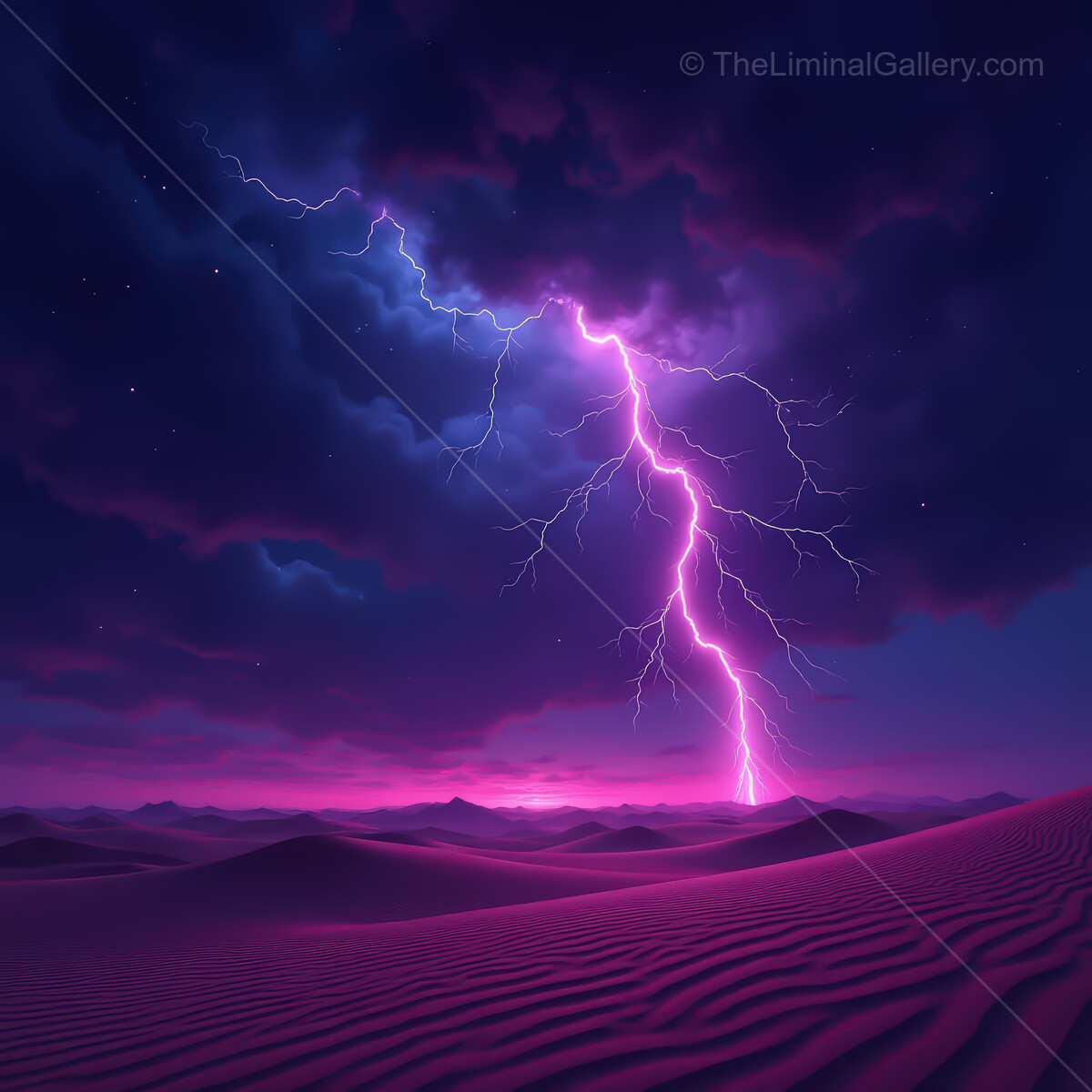 Vibrant lightning strikes illuminate a synthwave desert under an ethereal night sky