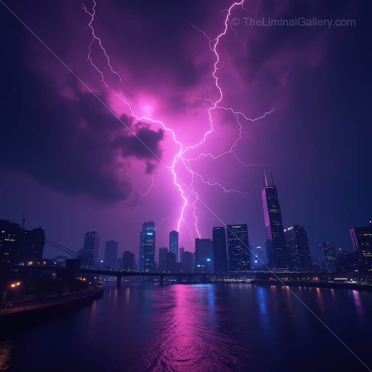 Synthwave city skyline illuminated by vibrant lightning in a futuristic storm at night