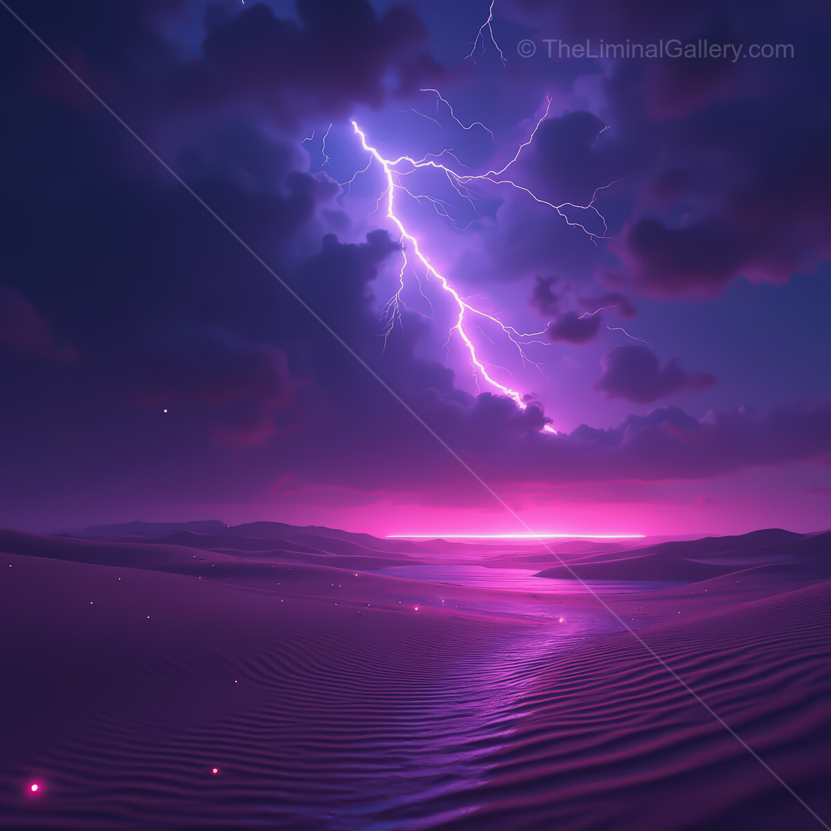 Majestic synthwave desert landscape under vibrant lightning and purple skies