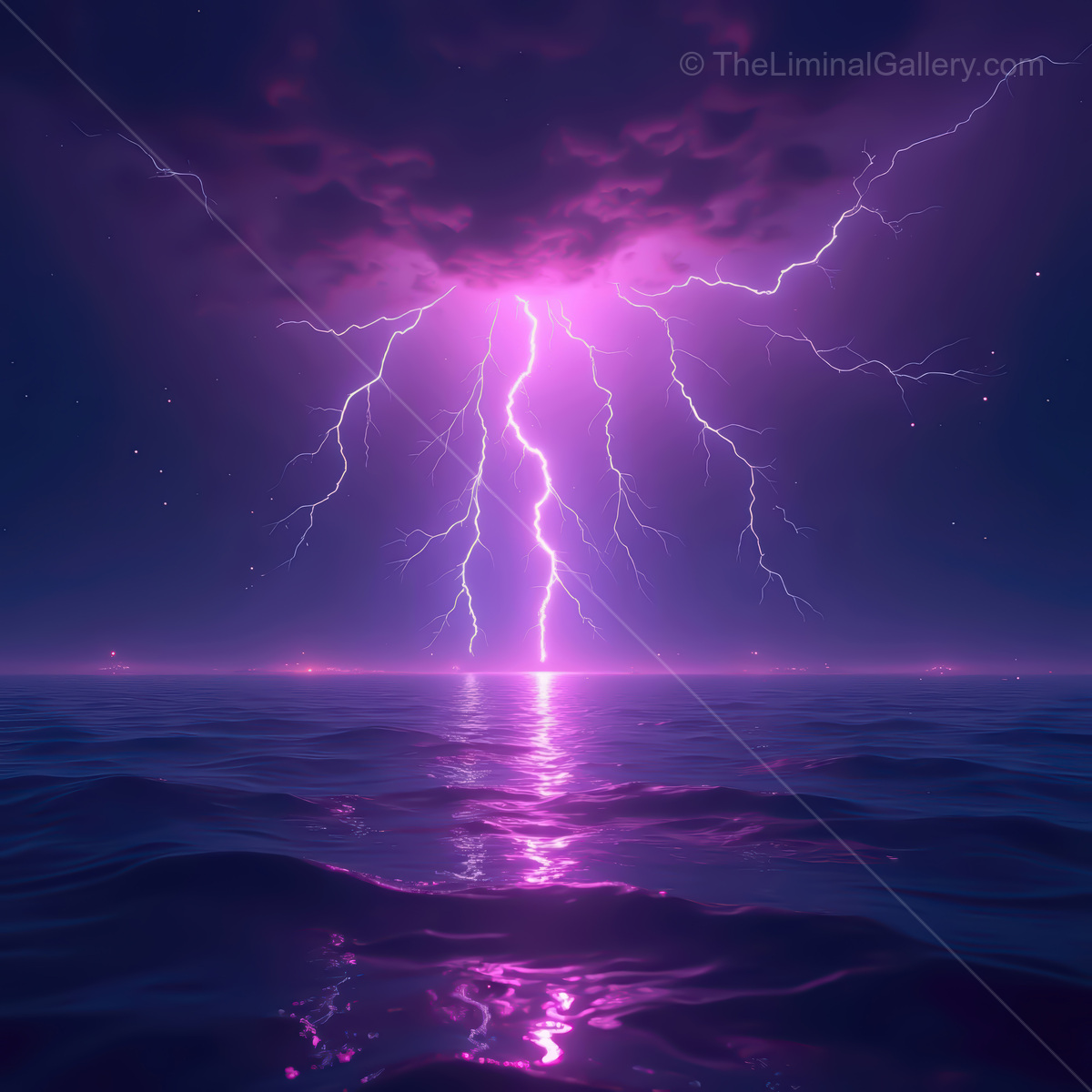 Stunning synthwave ocean scene with vibrant lightning illuminating the night sky