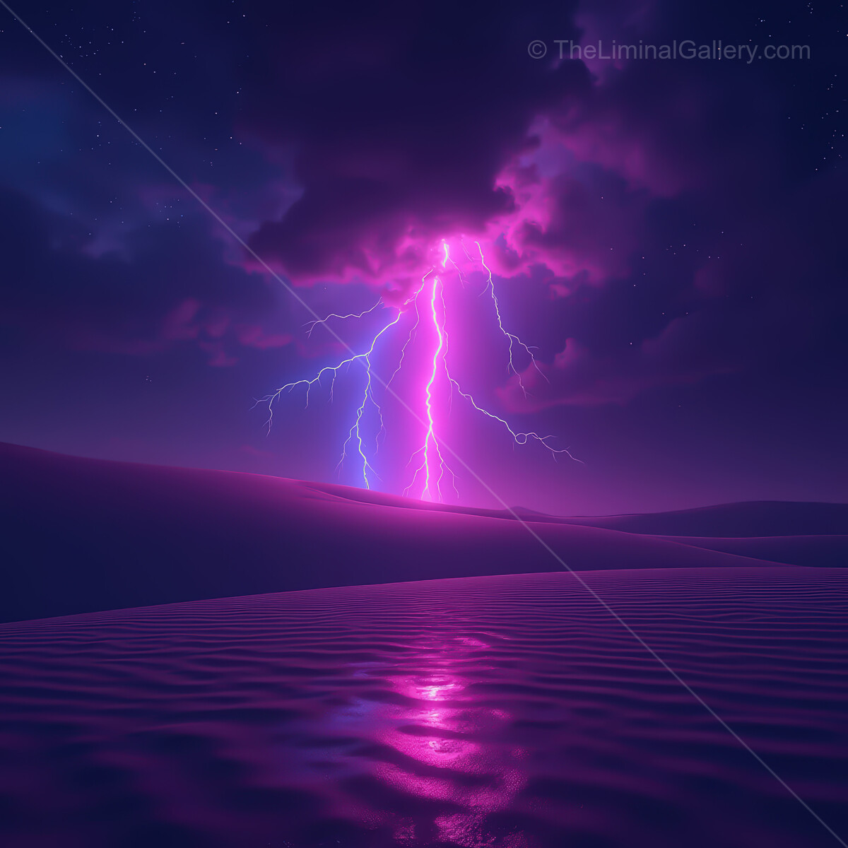 Vibrant lightning dances across a synthwave desert landscape under a starry night sky