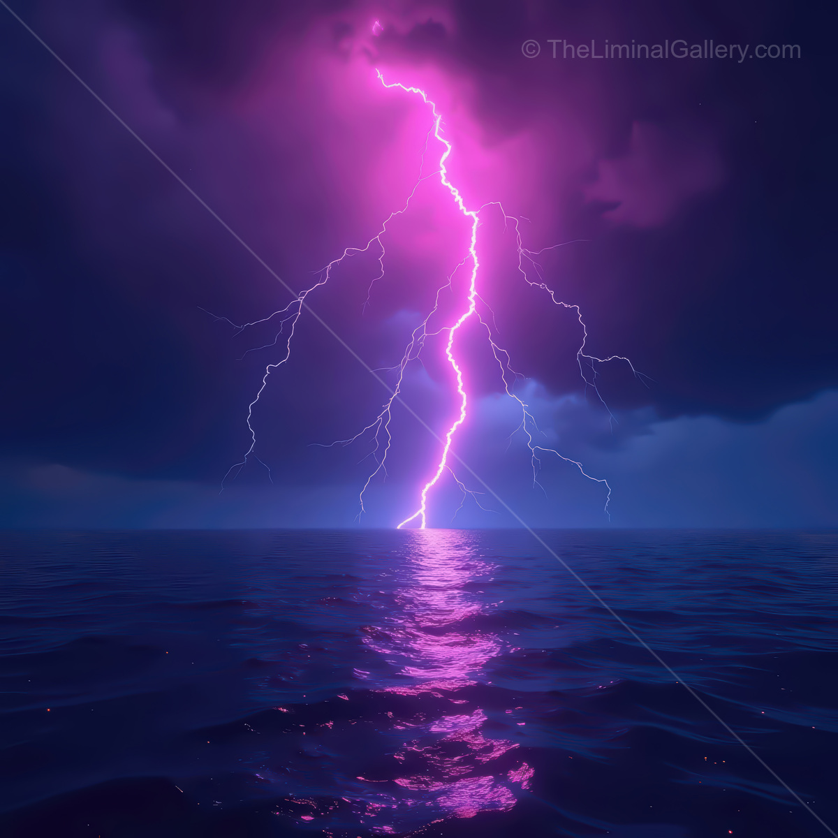Electric storm dances over a neon ocean under a twilight sky filled with synthwave vibes