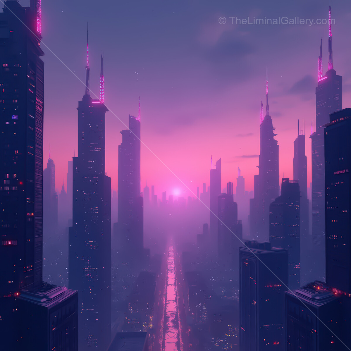 Glistening synthwave cityscape at dusk with vibrant pink hues illuminating towering skyscrapers
