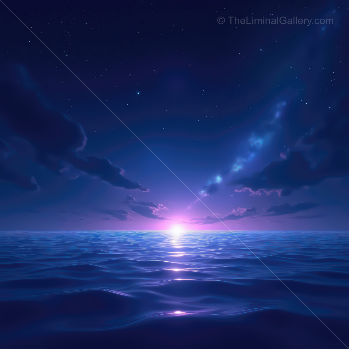 Vibrant synthwave ocean at twilight with shimmering waters and starlit sky