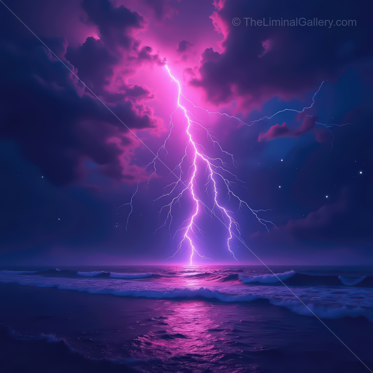 Electric symphony of colors illuminates the synthwave ocean under a stormy sky at dusk