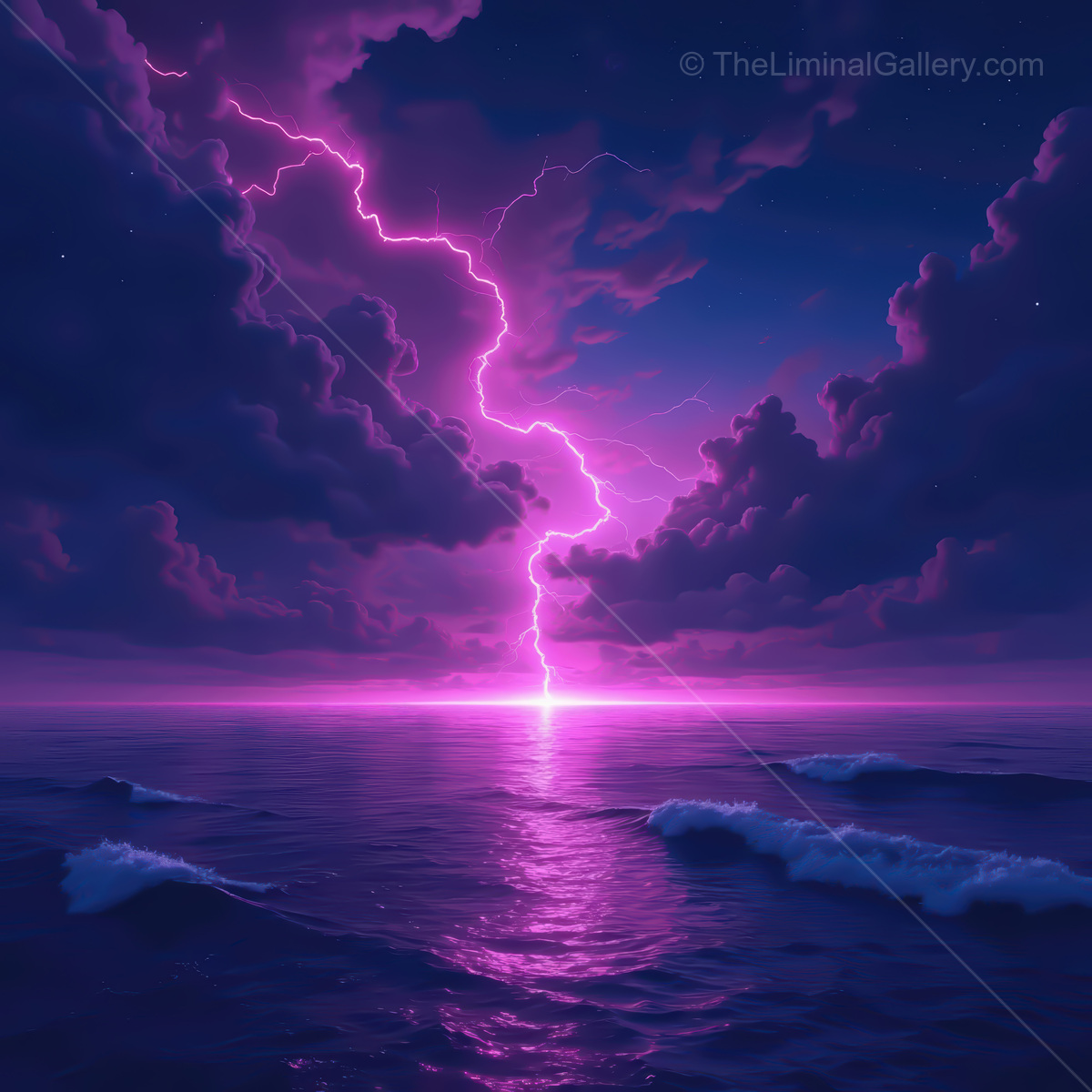 Vibrant lightning illuminates the synthwave ocean under a starry night sky